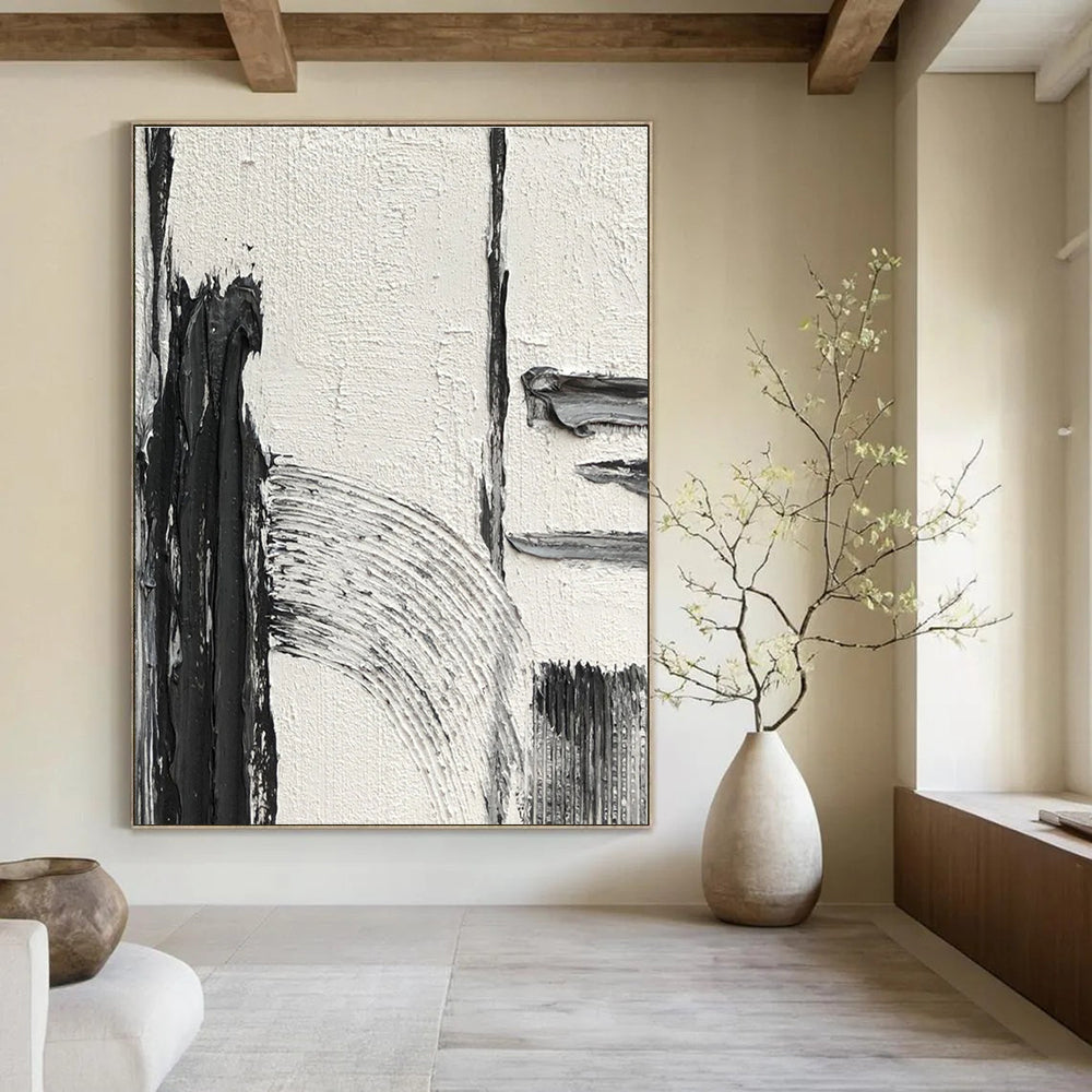 Black and White Geometric Textured Abstract Painting ADGE386