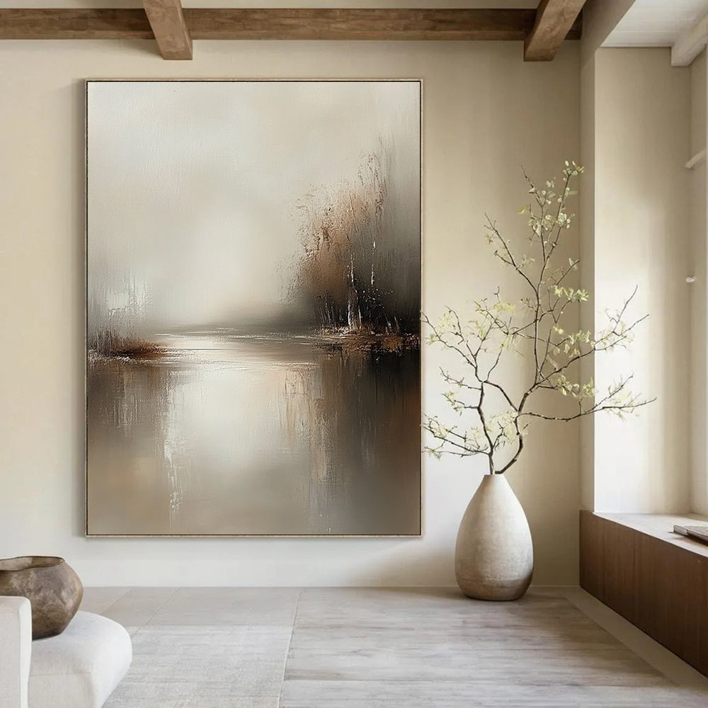 Large abstract painting in muted tones of beige and grey featuring tranquil waters and soft brush strokes for a serene atmosphere.STSC077