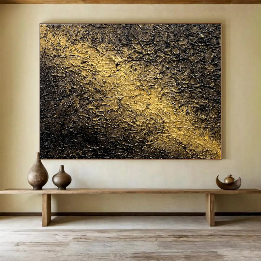 Black Gold Textured Abstract Painting with Rich, Layered Surfaces THY370