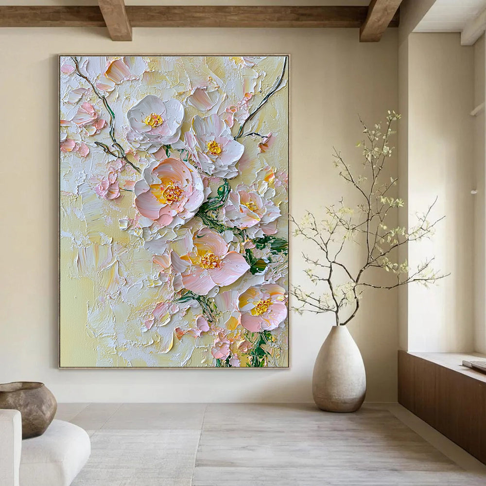 Abstract painting featuring delicate flowers in soft pinks whites and yellows against a pale yellow background with textured oil paint impasto technique.STSC004