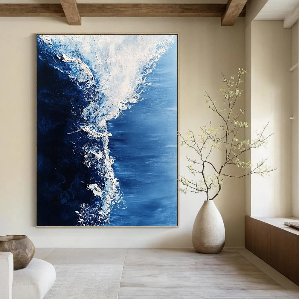 Large abstract painting of swirling Arctic sea in white and blue tones features visible brush strokes and snow crystal details for a hyper-realistic effect.STSC348