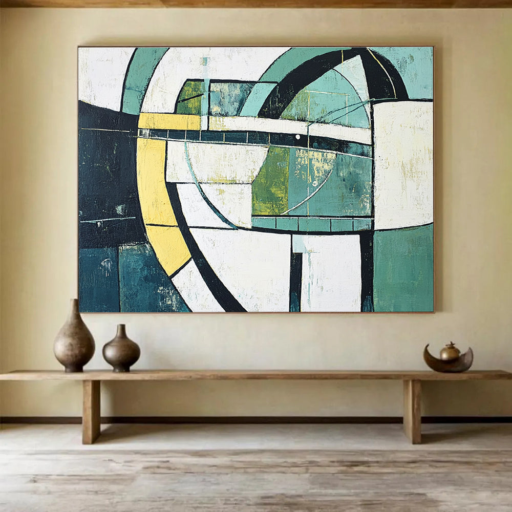 Geometric Green Abstract Painting with Circular and Rectangular Forms DYP411