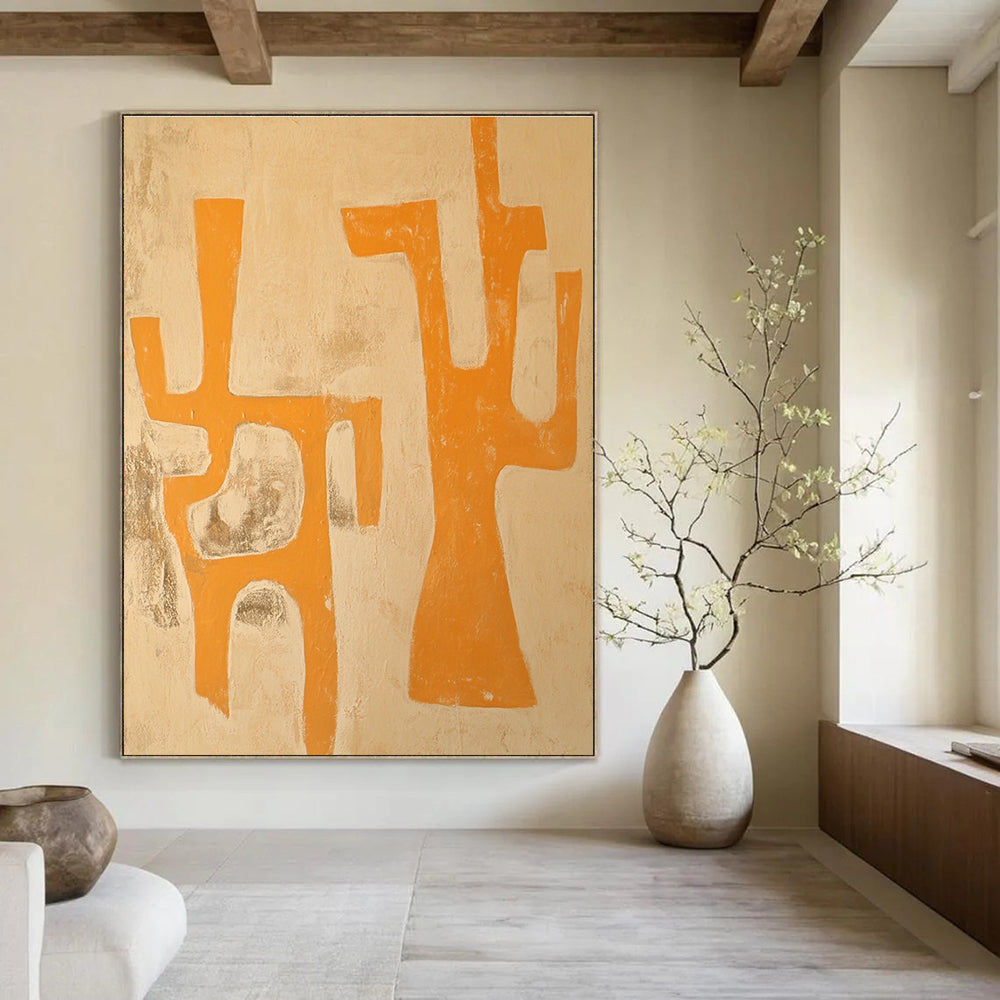 Large abstract painting featuring an animal in light orange and beige tones with primitive figures capturing Jean-Paul Riopelle's unique style.STSC1109
