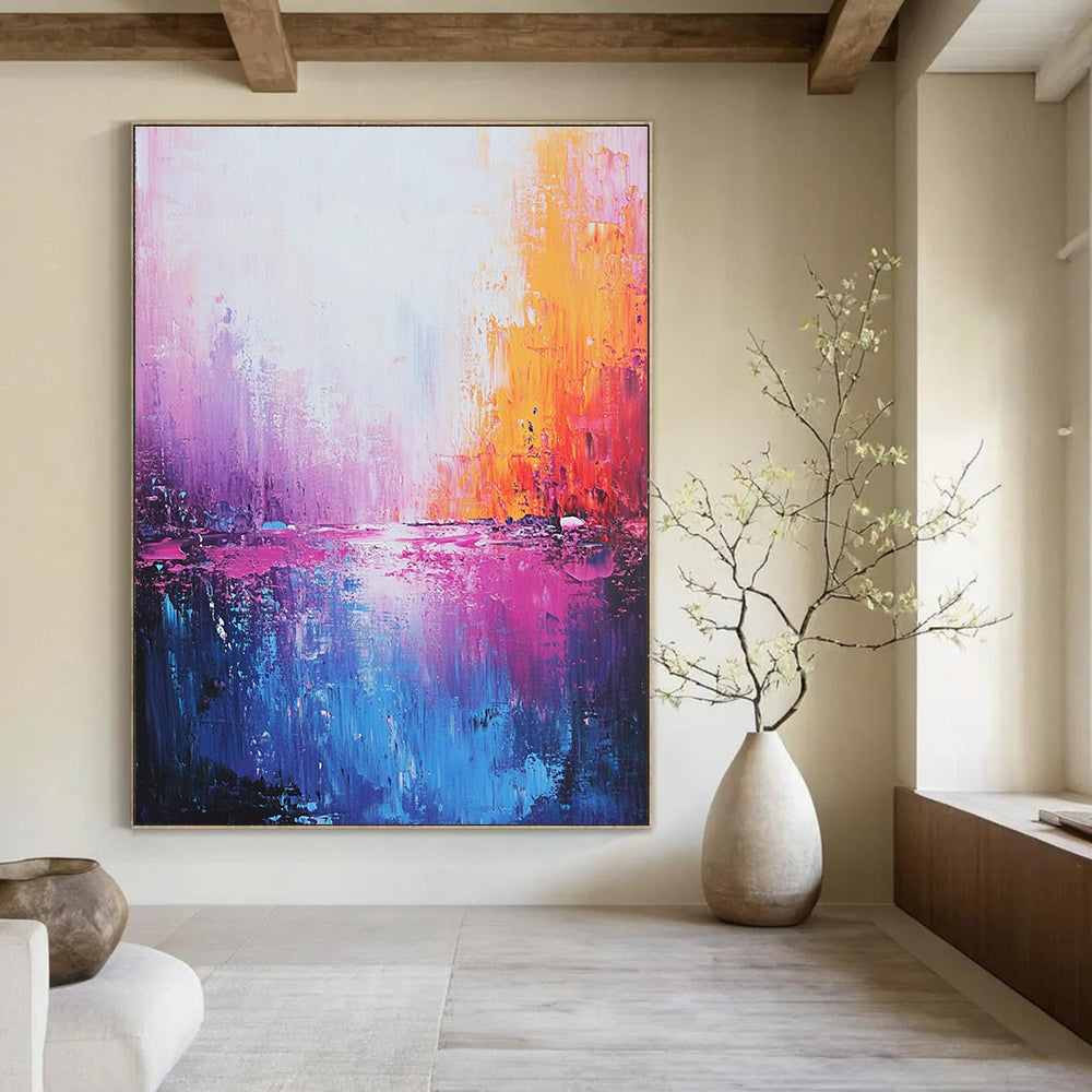 Large abstract painting of the sea in light pink dark blue and purple with meticulous brushwork and dreamy quality creating a romantic atmosphere.STSC345