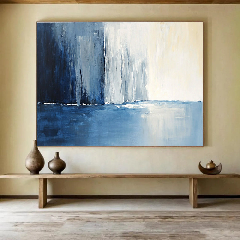 Large abstract painting of an icy blue river and snow-covered cliffs reflecting light, featuring dynamic brushstrokes and a deep gradient background.SC045