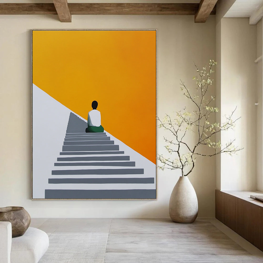 An abstract painting featuring a figure on stairs with a grey white and orange palette against a yellow background in a minimalist geometric style.STSC1155