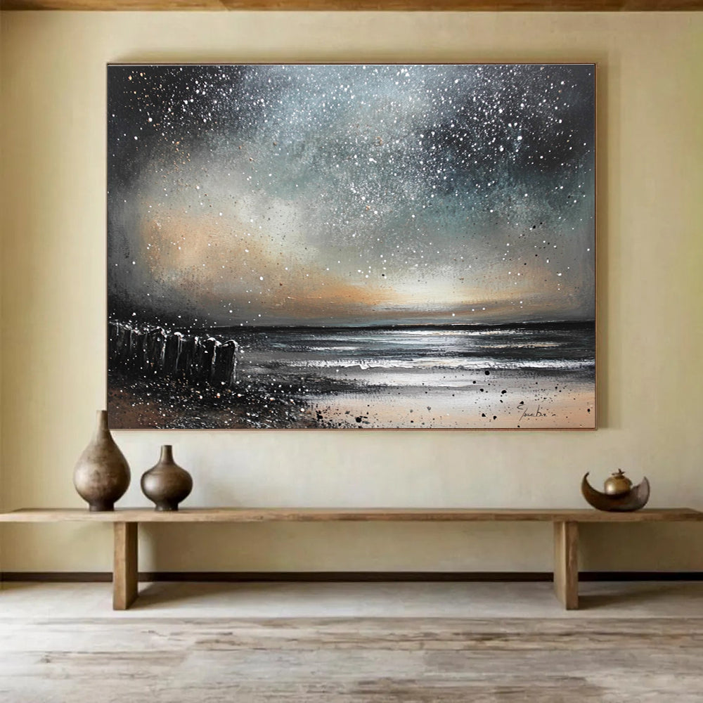 An abstract painting of a night sky over the ocean with silver and bronze stars falling like snow, crafted in oil on canvas.SC529