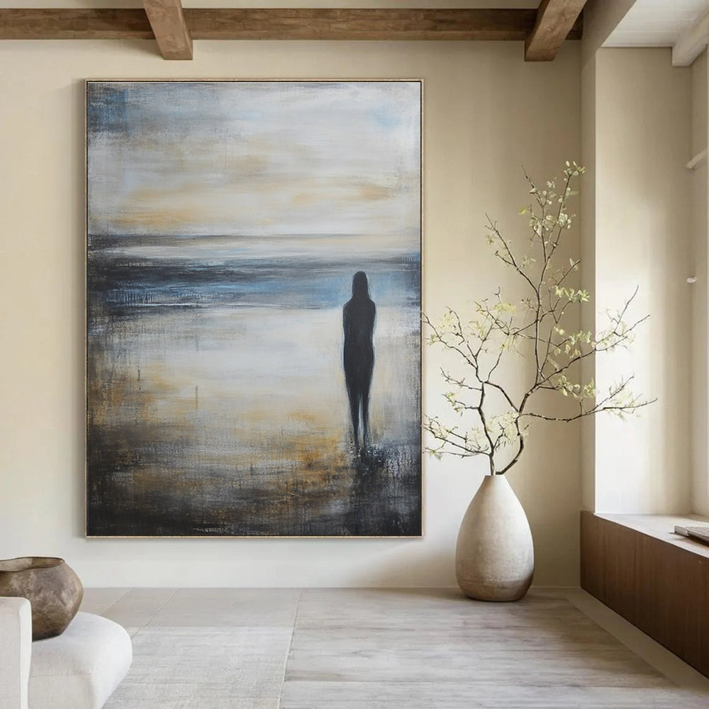 Large abstract oil painting of an empty beach at sunrise featuring calm sea and sky in grey blue and beige shades.STSC586