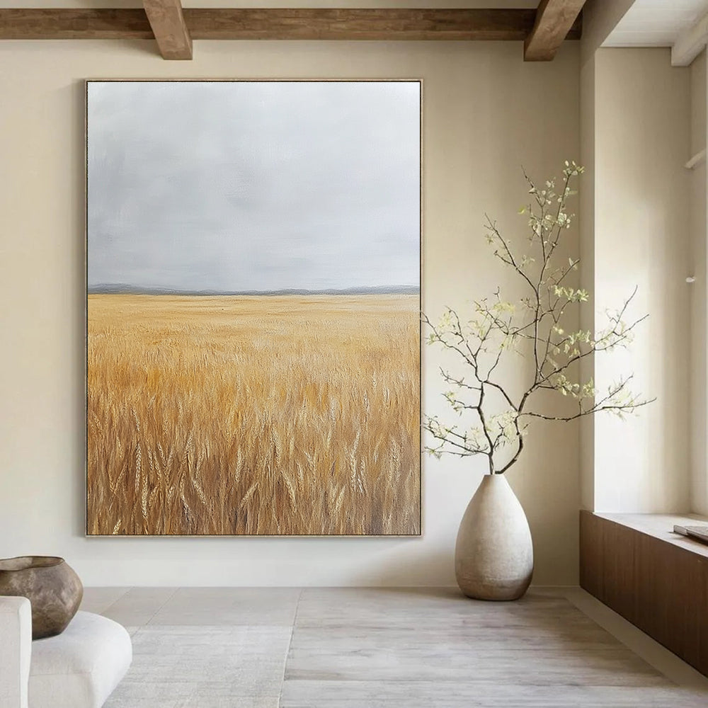 Large abstract oil painting depicting a large wheat field under a grey sky with yellowing grass tones.STSC1034
