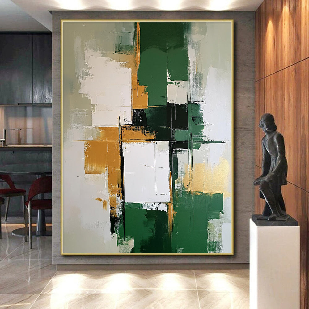 Green Gold and White Abstract Painting with Layered Blocks GER679