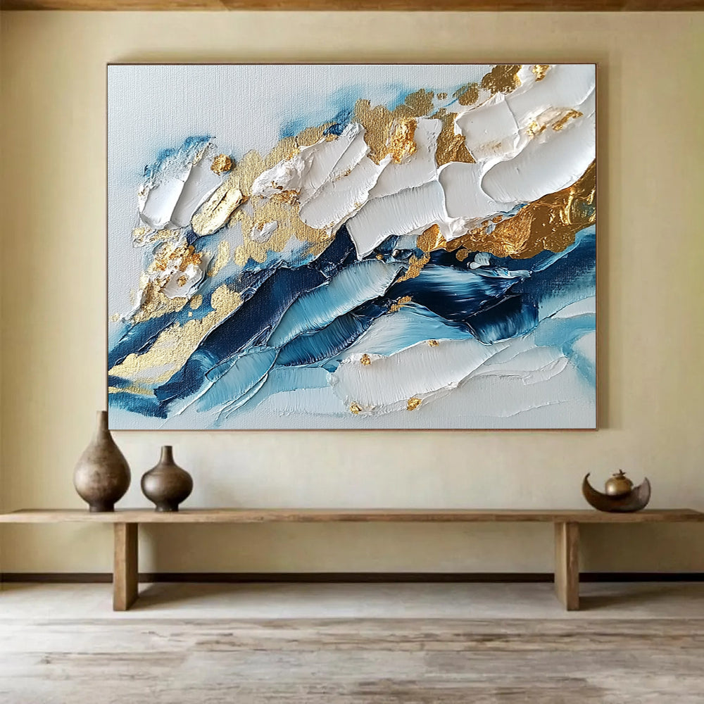 Blue White Gold Textured Abstract Painting with Thick Brushstrokes DYP260