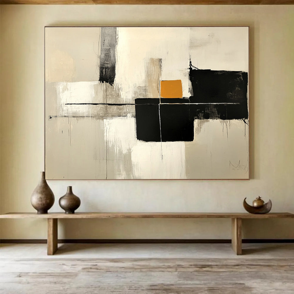 Large abstract painting featuring thick brush strokes in neutral colors with gray and black blocks and a small orange shape on a white background.SC503