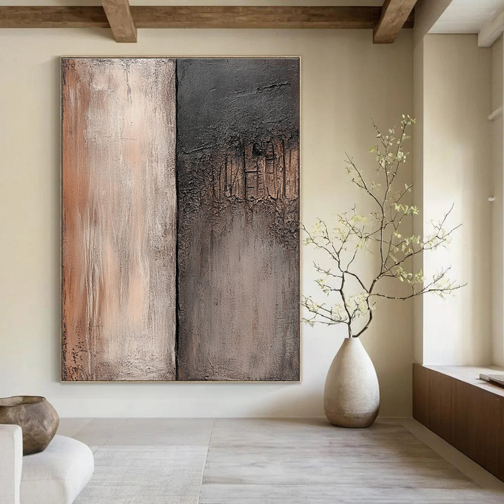 Large abstract painting featuring weathered wood and stone textures in muted browns and grays perfect for diverse creative projects.STSC538