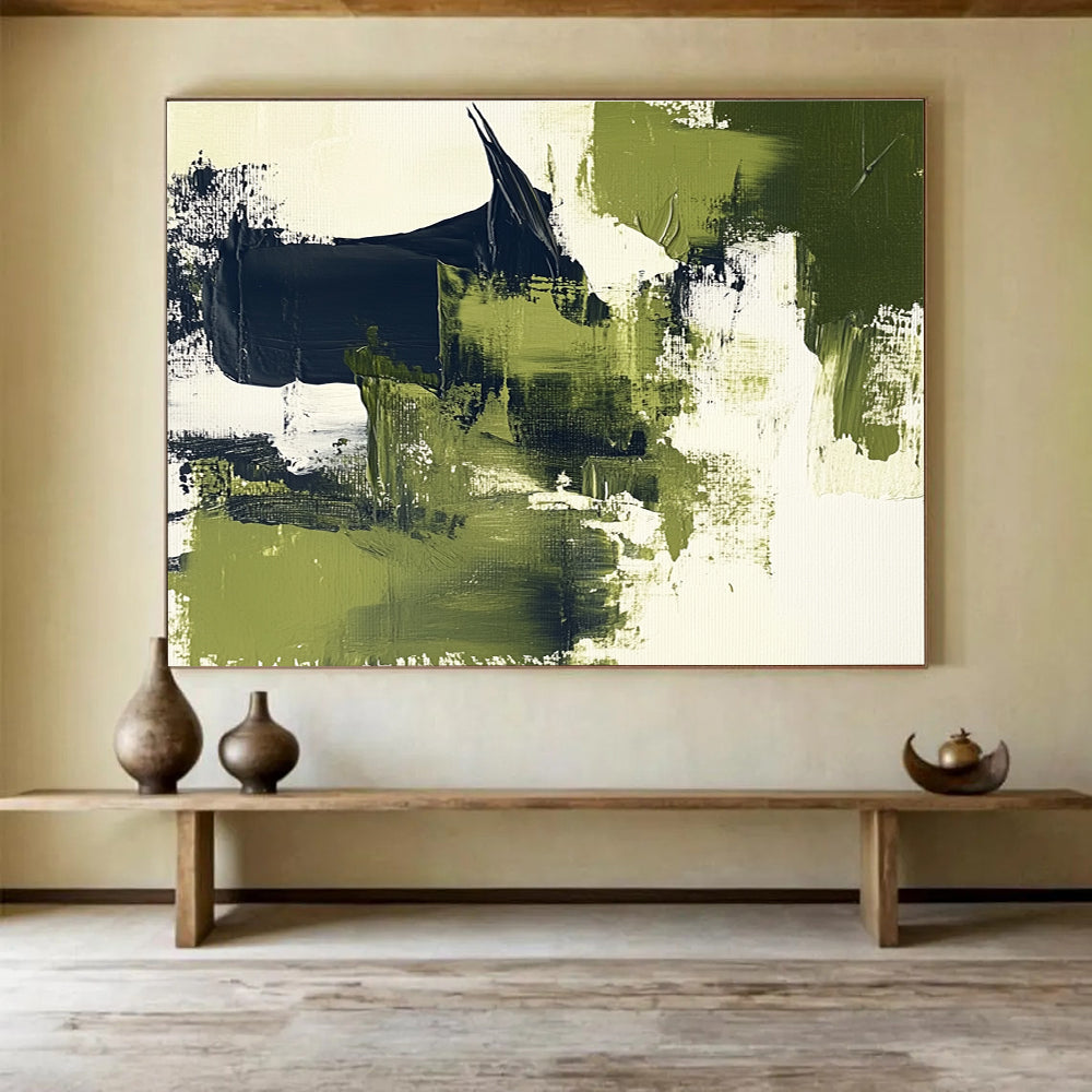Green Black and White Abstract Painting with Textured Layers DYP407