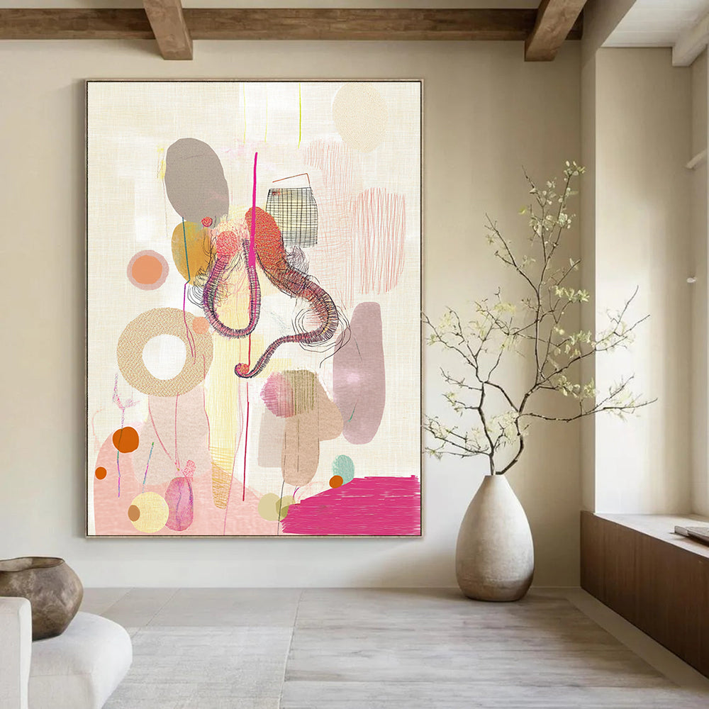 Abstract painting featuring shapes and organic forms with a whimsical octopus figure climbing a geometric form amidst bubbles and pink stripes.STSC841