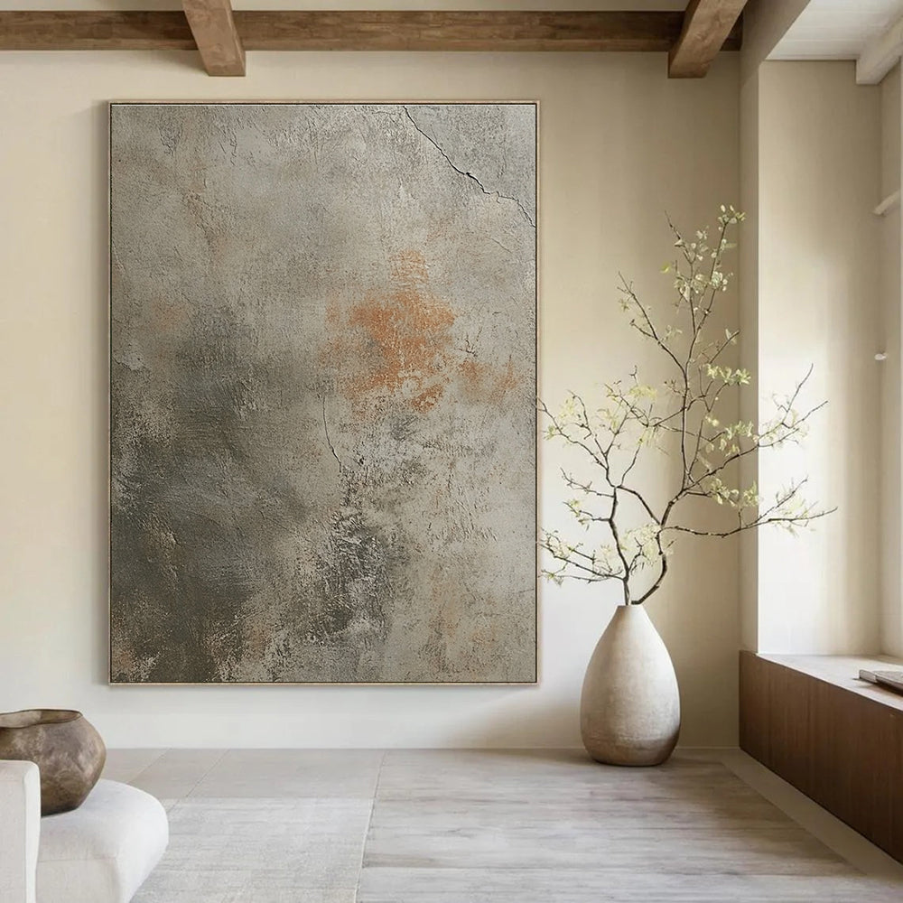 Abstract watercolor illustration blending muted tones on a worn beige concrete floor with a detailed handprint for timeless elegance.STSC1445