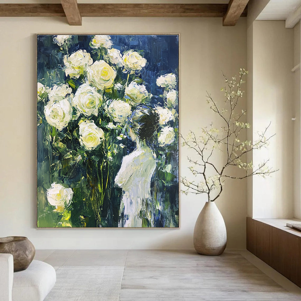 Abstract painting of fluid white roses on a dark blue background with light green accents, perfect for enhancing any space.STSC1489