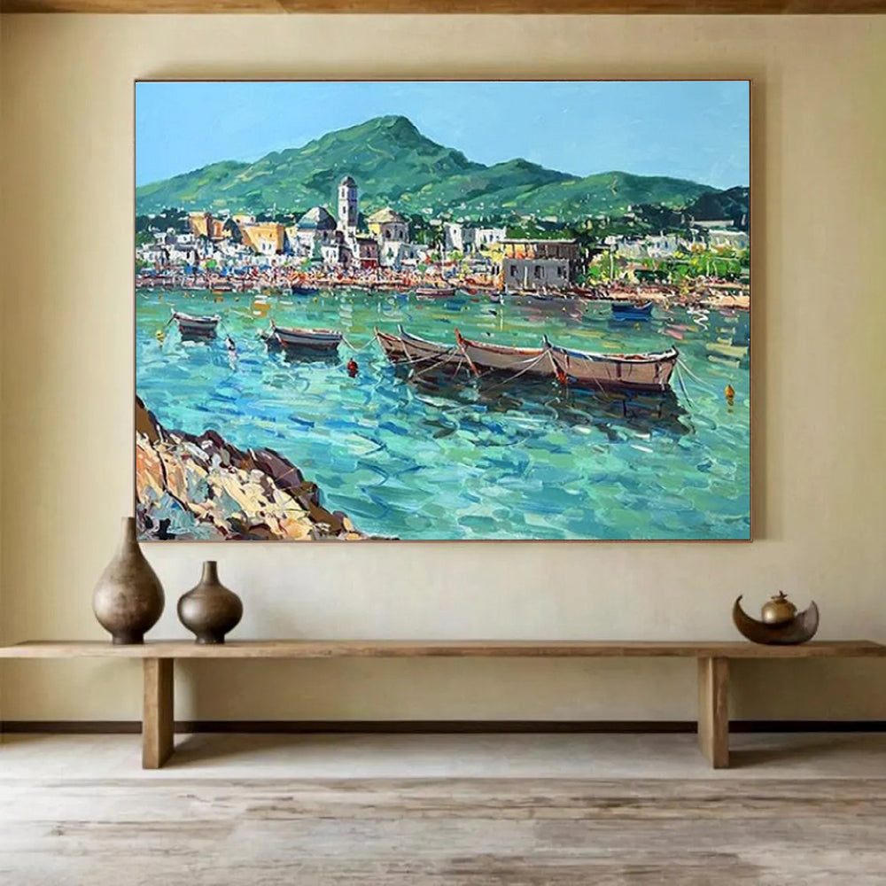 Blue Green Coastal Village Abstract Painting THY467