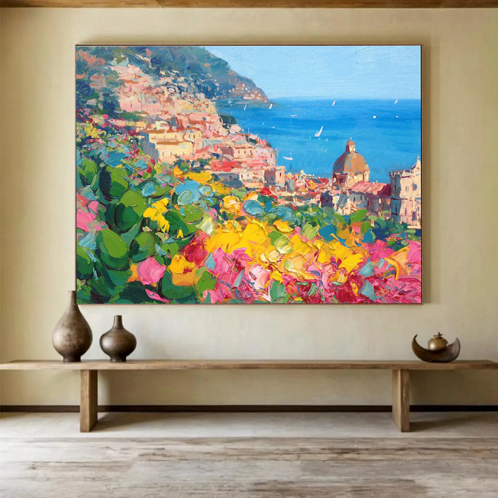 Pink Yellow Blue Hillside Coastal Town Painting THY488