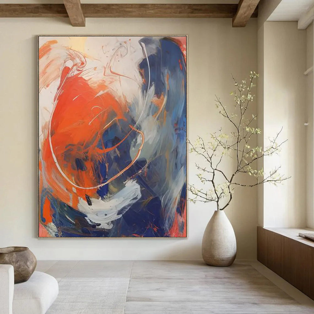 Dynamic Color Swirl Abstract Painting with Orange, Blue, and White ADGE133