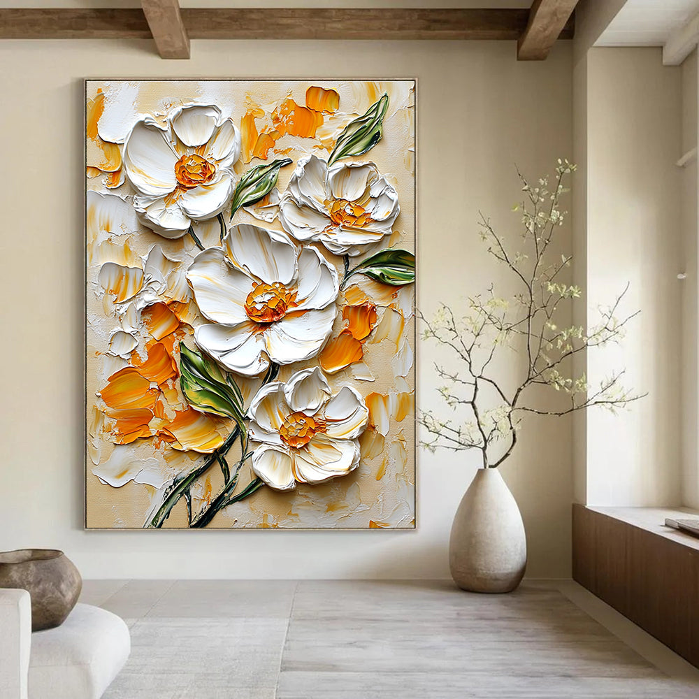 Large abstract painting of white flowers with orange and yellow accents on a beige background in impasto style with intricate details.STSC1397