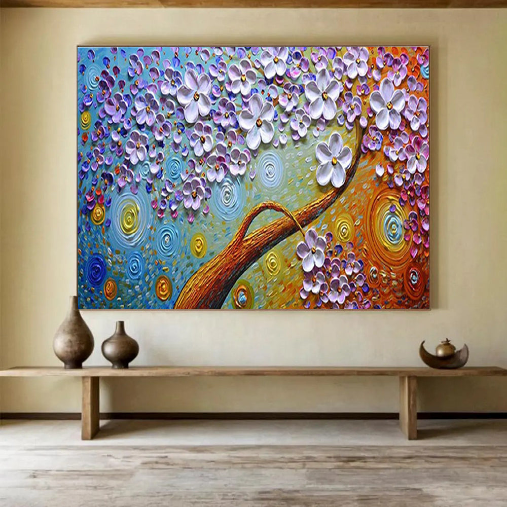 Starry Flower Tree Abstract Painting with Purple, Blue, and Gold Tones THY217