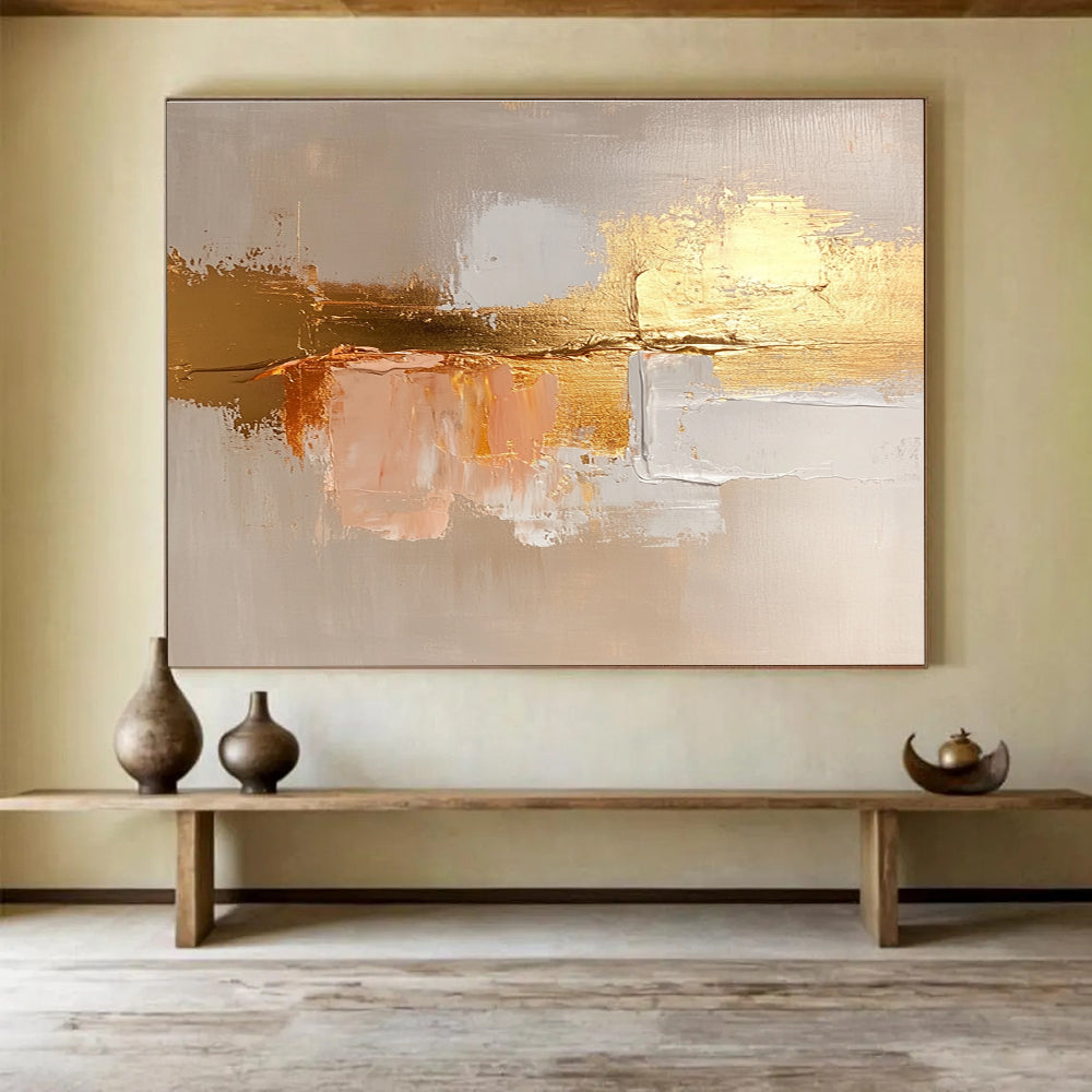 Large abstract painting in beige and gold, featuring soft brush strokes and textured canvas for a serene and elegant atmosphere.SC218