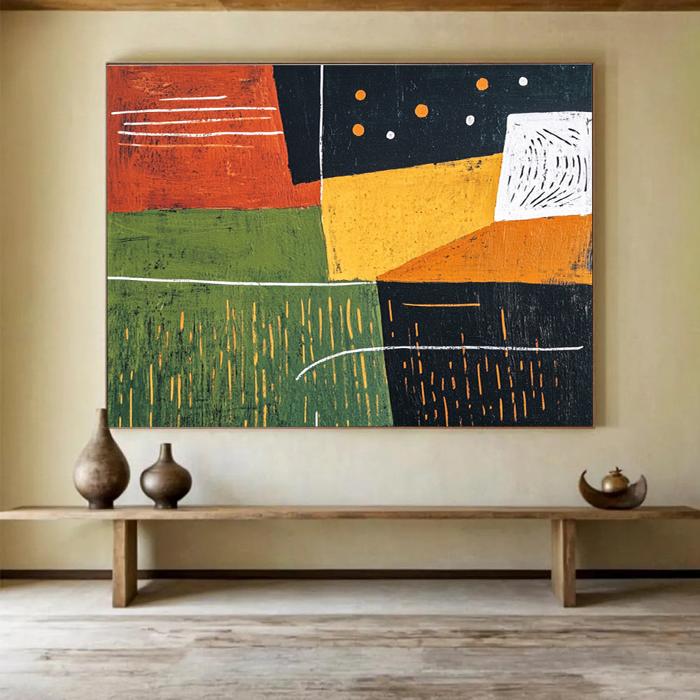 This large abstract painting features bold green orange and black shapes with a dark red background and geometric figures evoking movement and freedom.SC520