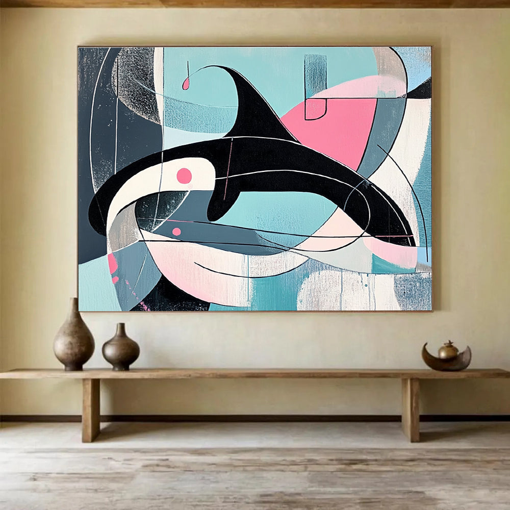 Geometric Orca Abstract Painting with Pastel and Dark Tones DYP343