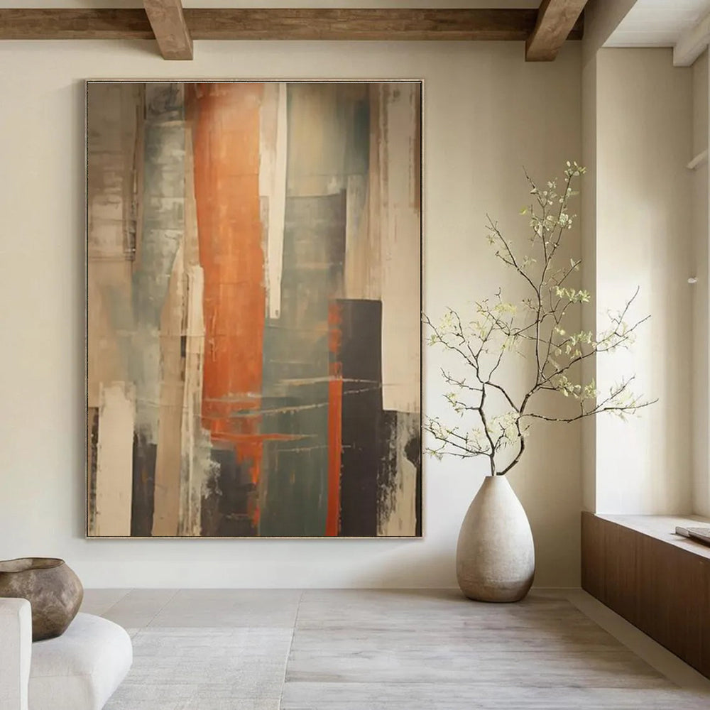 Vertical Color Streaks Abstract Painting with Orange, Gray, and Beige ADGE113