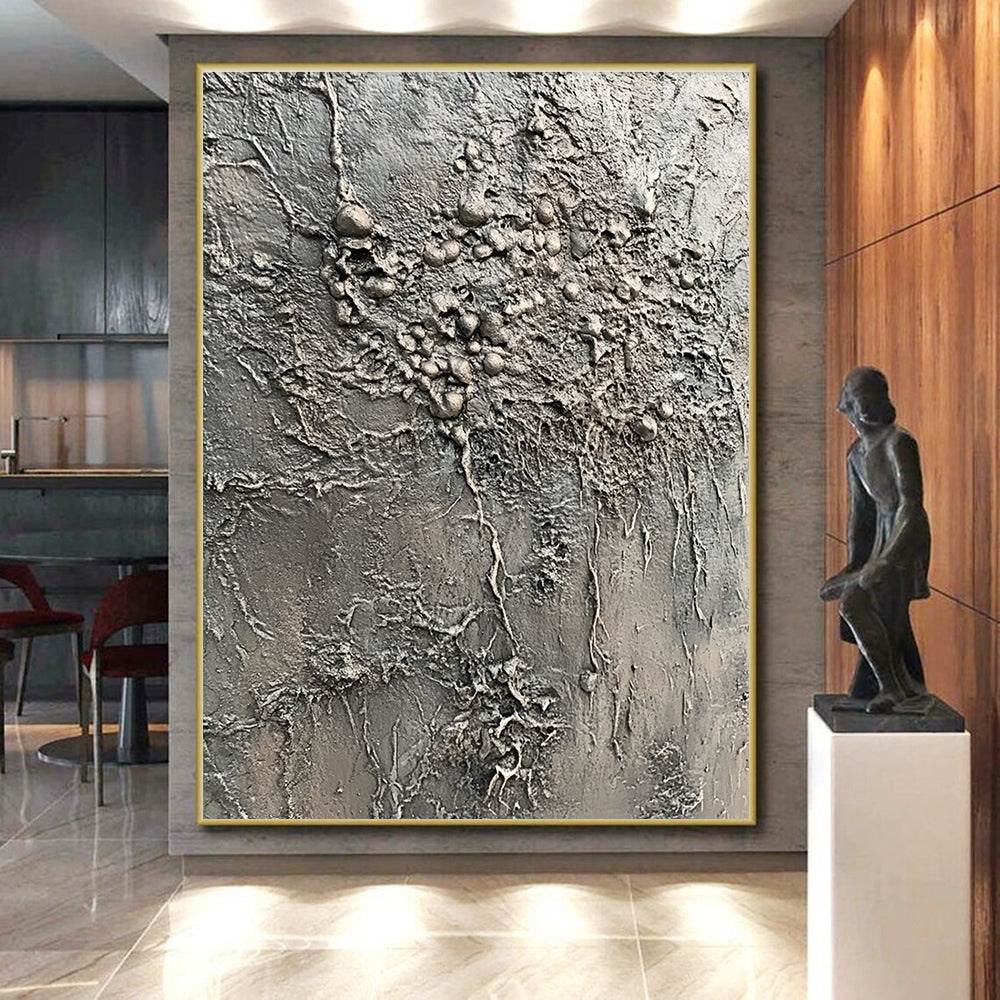 Gray Textured Abstract Painting with Organic Forms GER068