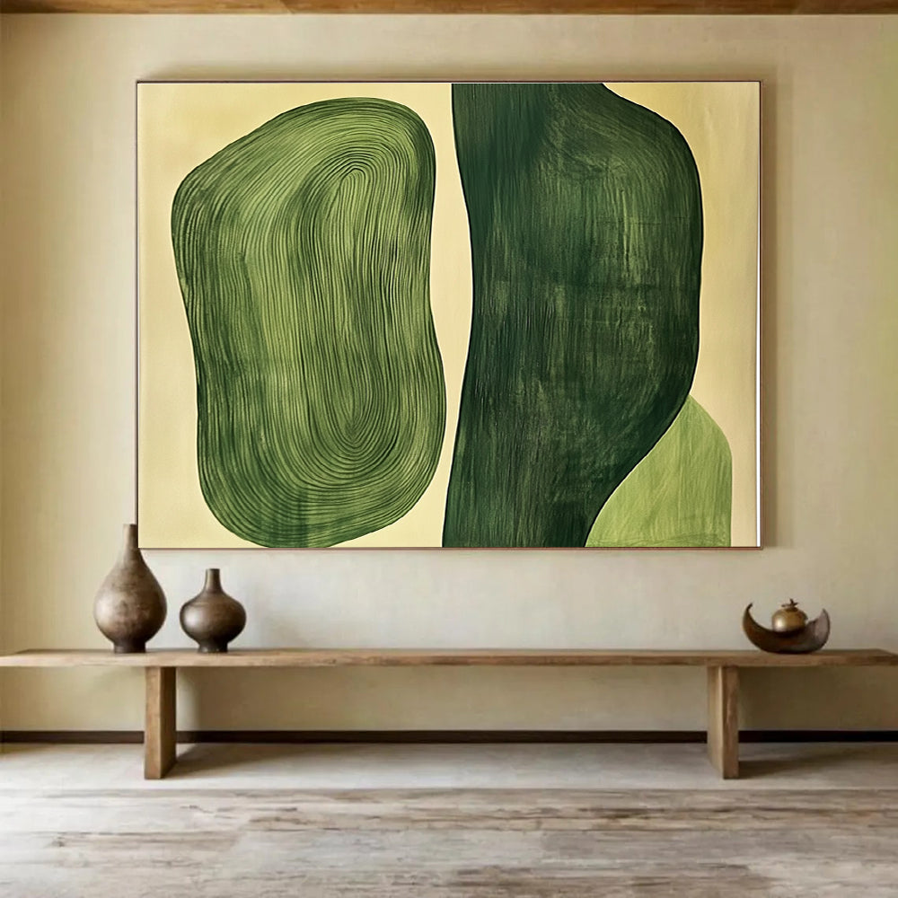 Large abstract painting featuring two organic green shapes, one flat and the other with raised wood grain texture.SC204