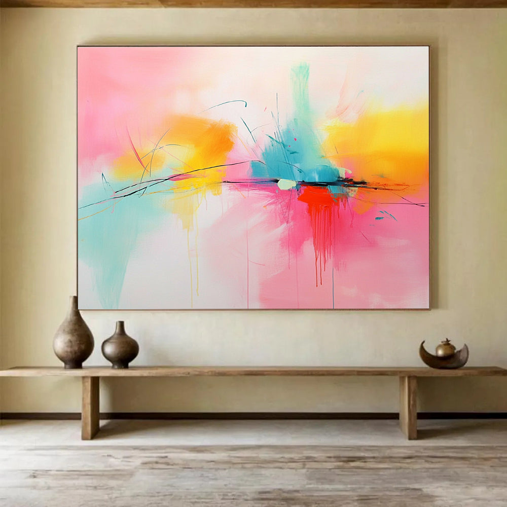 Large abstract painting in pink, yellow, and turquoise featuring dynamic lines and shapes for a vibrant artistic touch.SC144