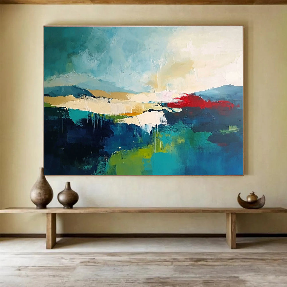 Large abstract painting featuring a dark sky-blue and light emerald green palette with beige and red accents on a soft neutral background.SC087