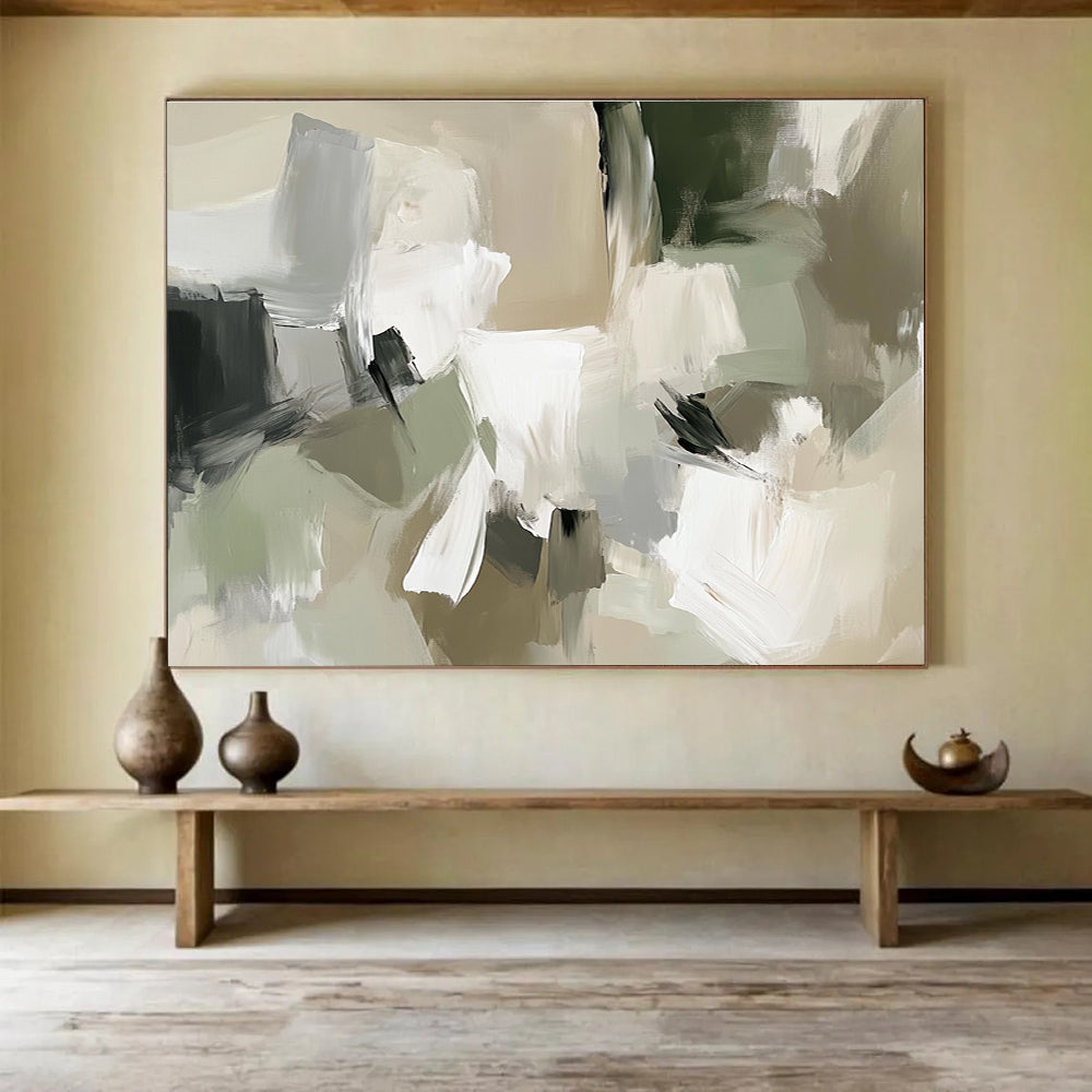 Beige Green and White Abstract Painting with Soft Shapes DYP404