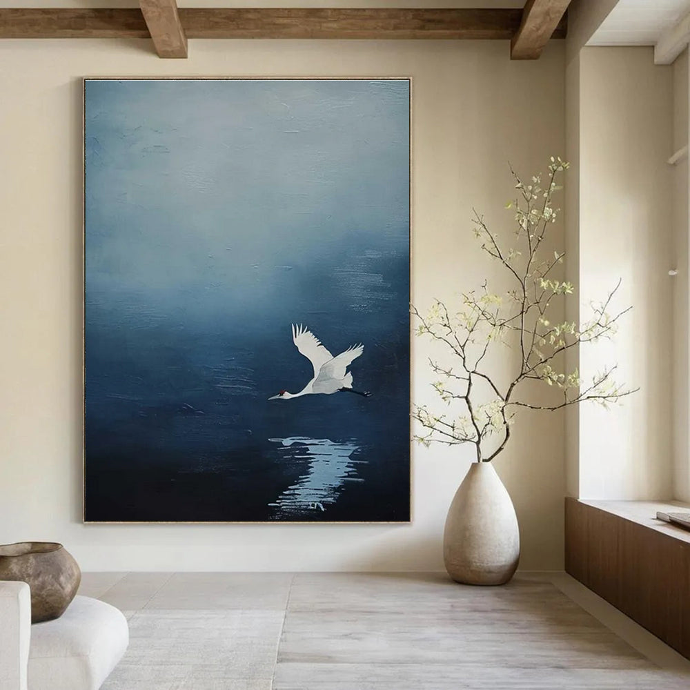 White Crane in Blue Sky Abstract Painting with Reflection ADGE510