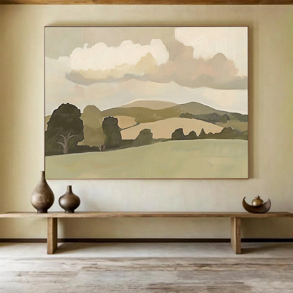 Large abstract painting of English countryside featuring minimalist hills and trees with soft brush strokes and muted colors in vintage style.SC404