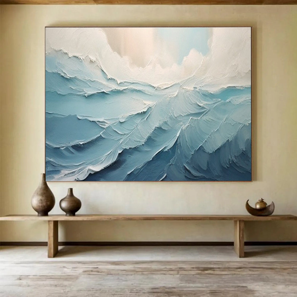 Textured Sea Waves Abstract Painting with Blue and White Tones THY227
