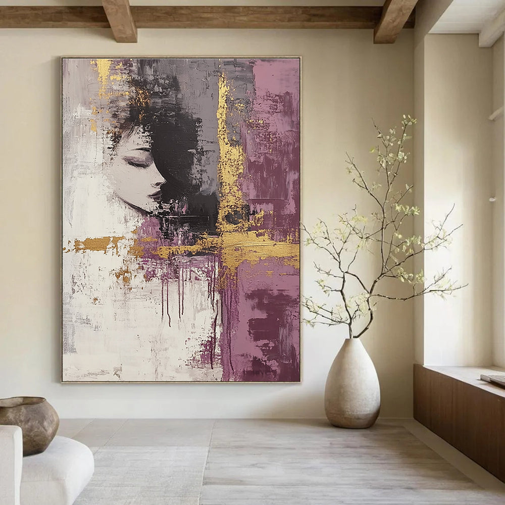 Large abstract art painting featuring dark gray and mauve tones accented with gold and neutral hues to enhance any modern space.STSC009