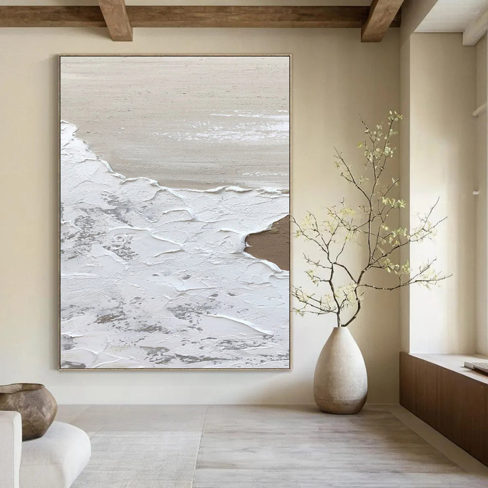 Beige and White Textured Abstract Painting with Layered Effects ADGE374