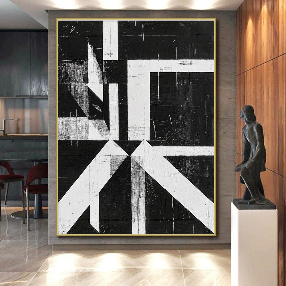Black and White Geometric Abstract Painting with Angular Forms GER009