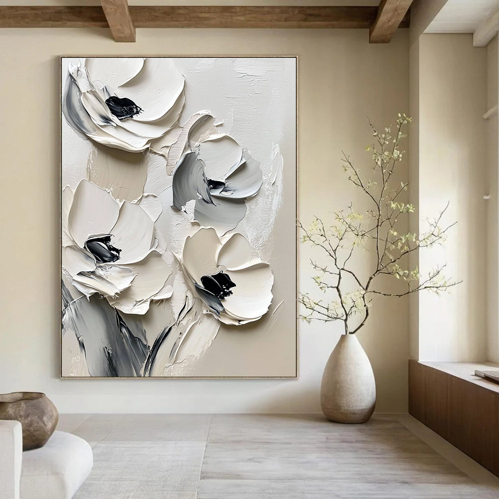 Large abstract painting featuring white flowers on a white background with black brush strokes and thick impasto paint in muted tones.STSC512