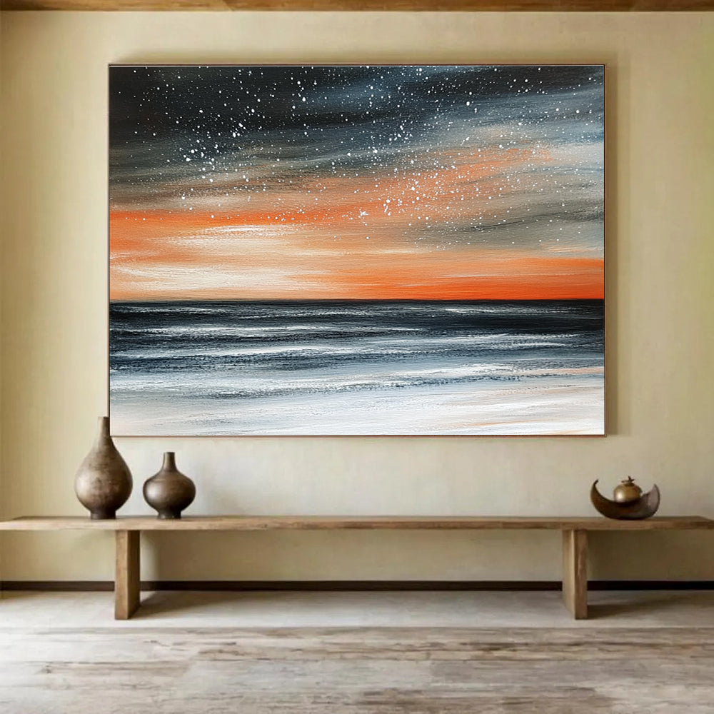Starry Sea Sunset Abstract Painting with Orange Black and White DYP289