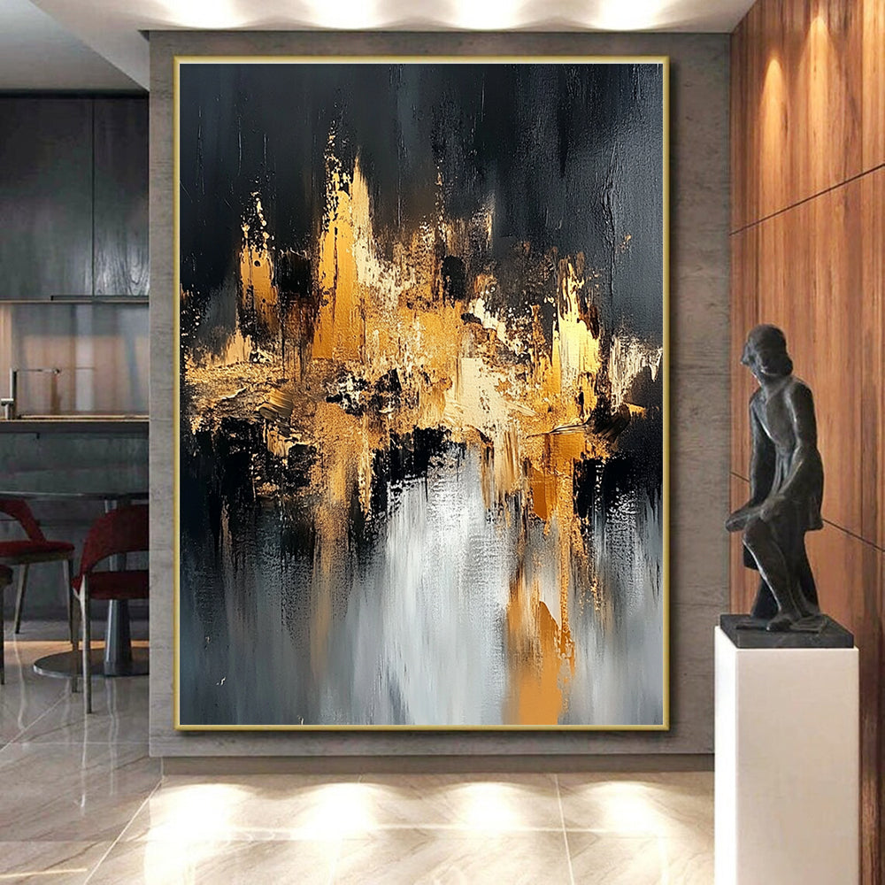 Black Gold and Silver Abstract Painting with Cityscape Inspiration GER643