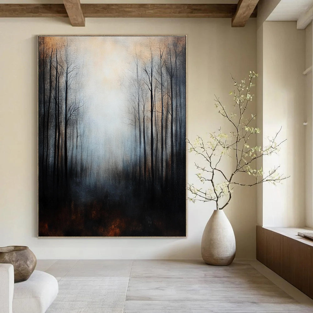 Large abstract painting depicting misty forest trees in dark tones with a surreal ambiance and intricate details for a moody atmospheric effect.STSC061