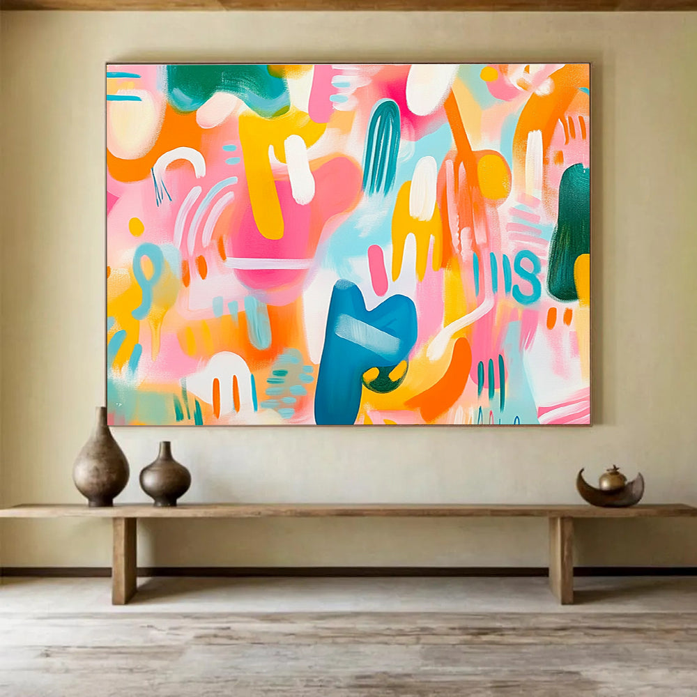 A vibrant abstract painting featuring playful shapes and colors in shades of pink orange and blue against a soft pastel background full of energy.SC483