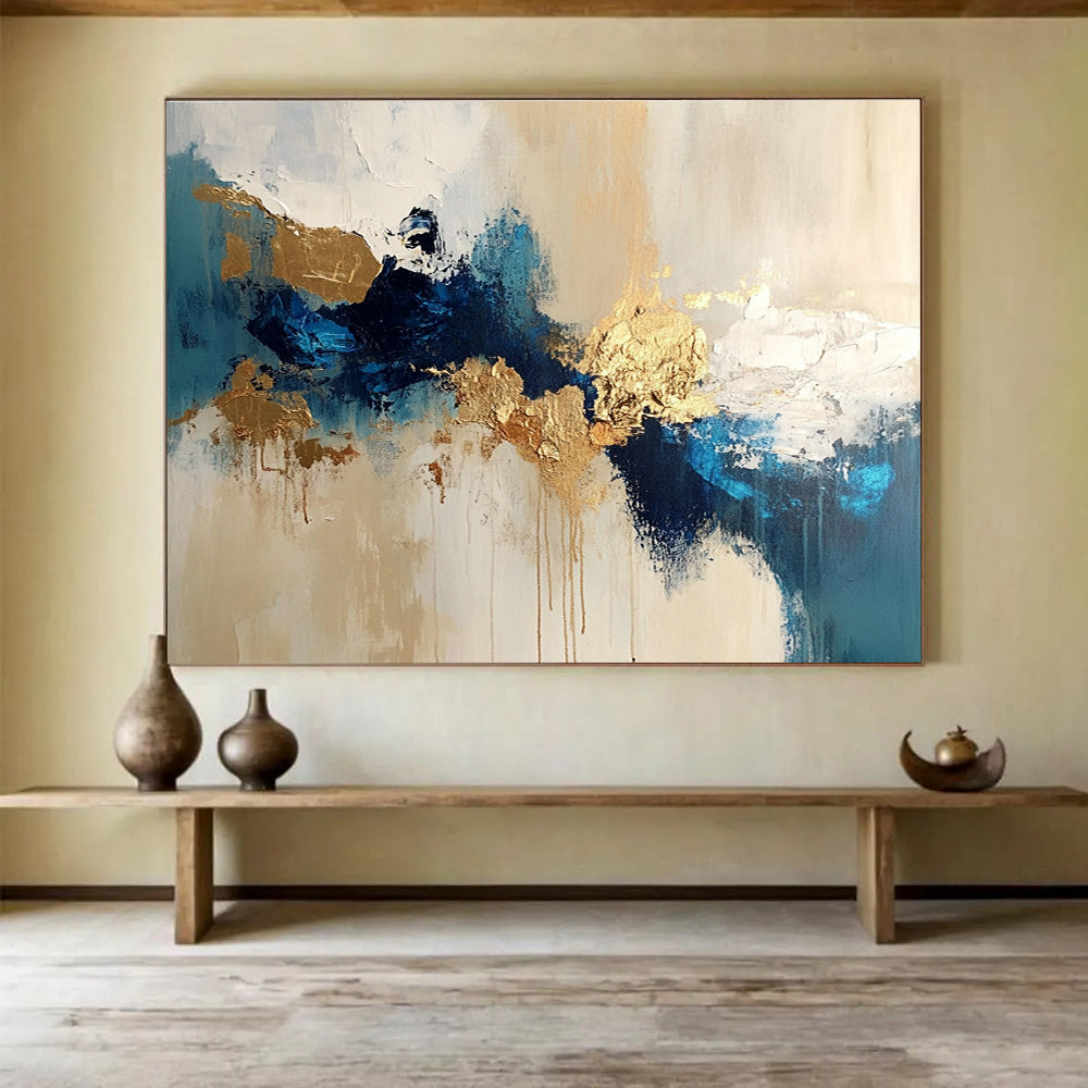 Blue Gold and Beige Abstract Painting with Dynamic Compositions DYP185