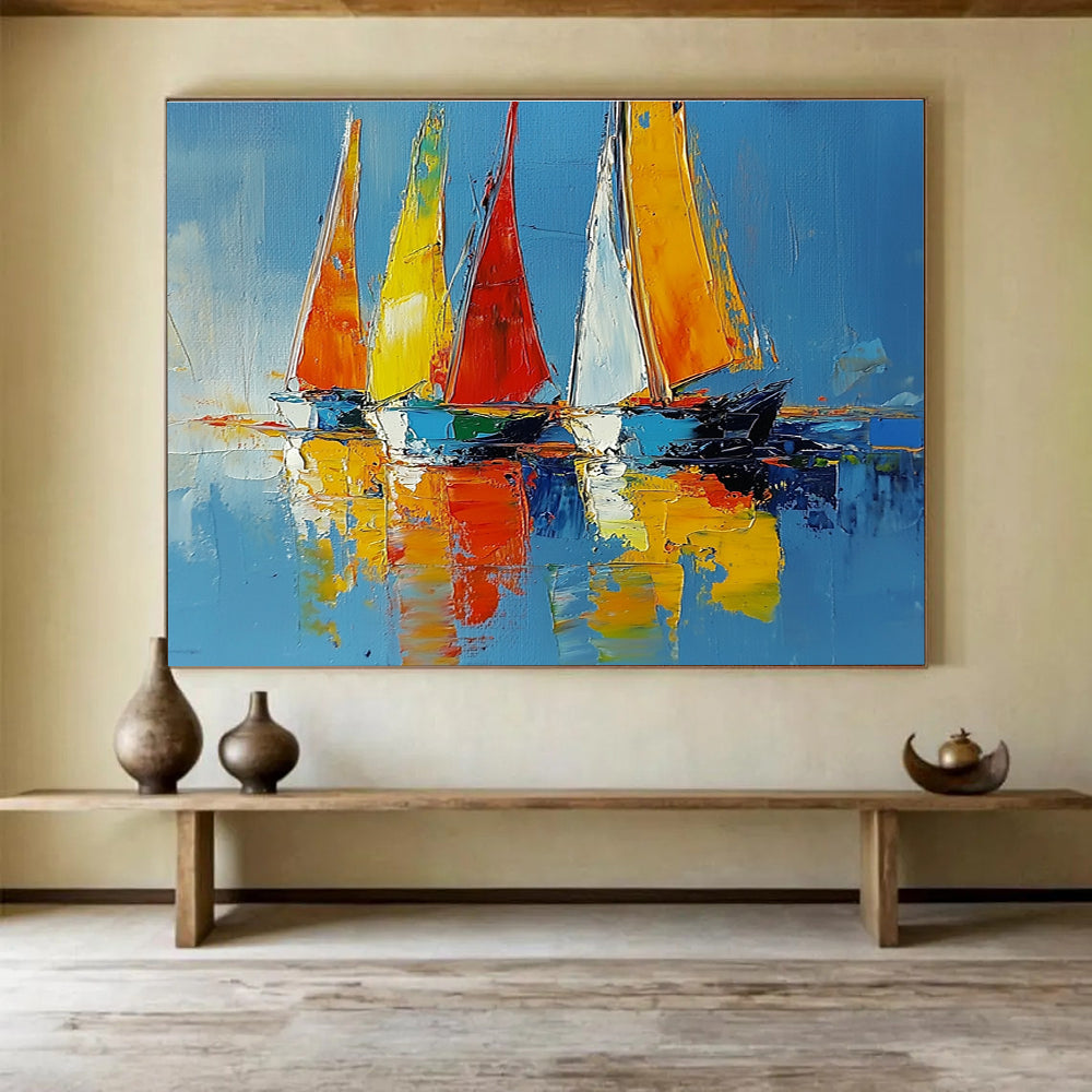 Large abstract painting of sailboats on vibrant water using palette knife techniques, showcasing energetic brushstrokes and a serene atmosphere.SC274