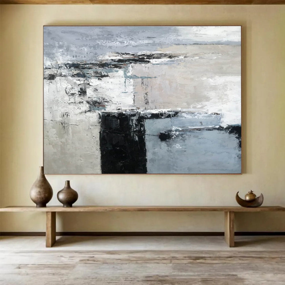Minimalist Block Abstract Painting with Grey and Black Tones THY152
