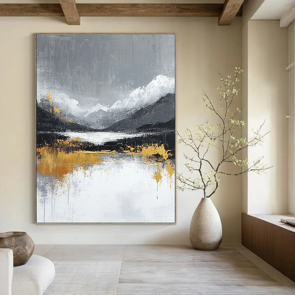 Large abstract painting featuring gray and white background with gold lines evoking tranquility and luxury in a minimalist Chinese landscape style.STSC224